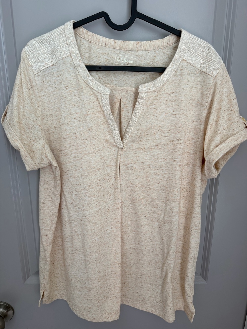 L.L. Bean Women's Heather Cream Split-Neck Short Sleeve Top